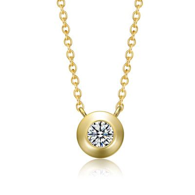 Rozzato Lab Created Sterling Silver 14K Gold Plated with Clear Round Cubic Zirconia Bezel Solitaire Necklace