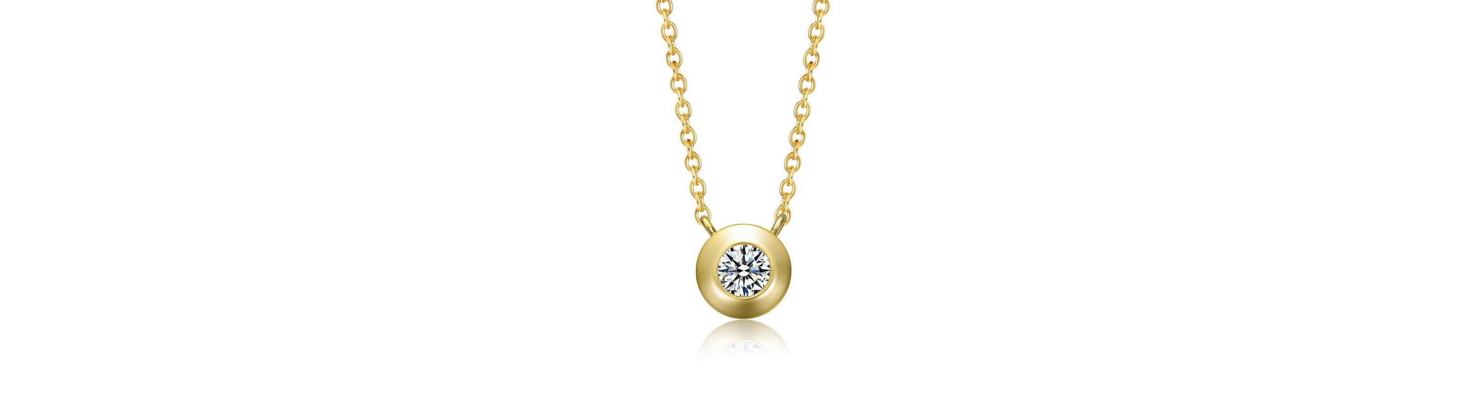 Lab Created Sterling Silver 14K Gold Plated with Clear Round Cubic Zirconia Bezel Solitaire Necklace