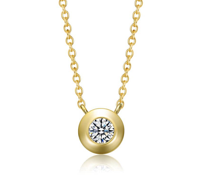 Lab Created Sterling Silver 14K Gold Plated with Clear Round Cubic Zirconia Bezel Solitaire Necklace
