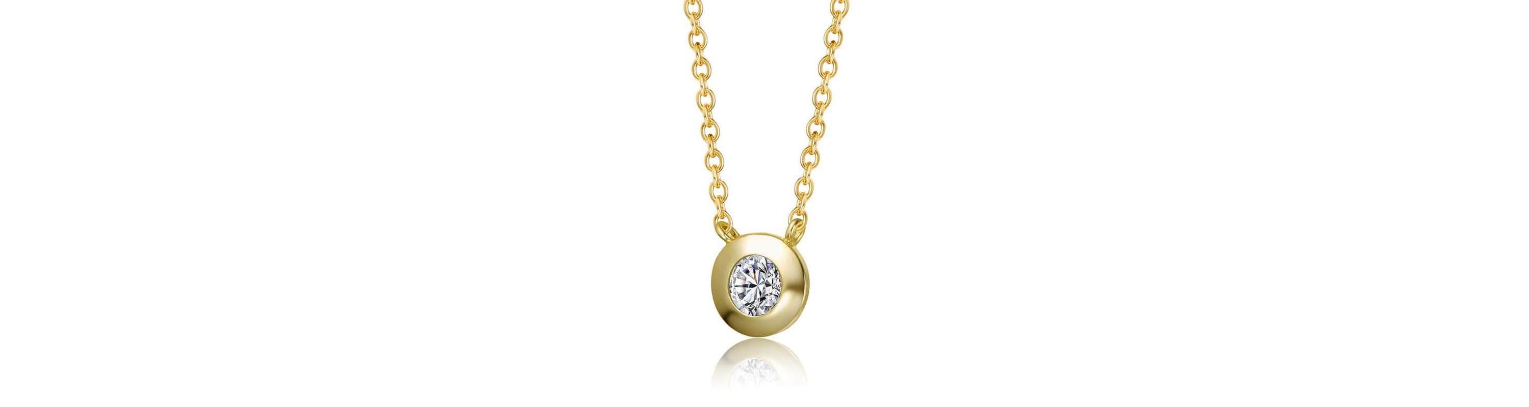 Lab Created Sterling Silver 14K Gold Plated with Clear Round Cubic Zirconia Bezel Solitaire Necklace