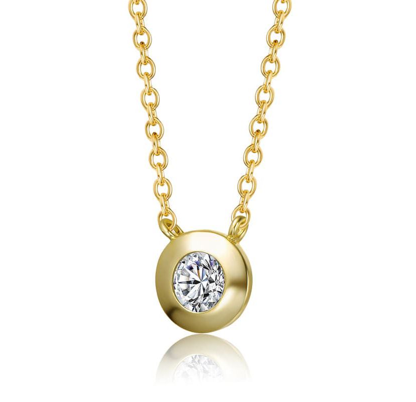 Lab Created Sterling Silver 14K Gold Plated with Clear Round Cubic Zirconia Bezel Solitaire Necklace