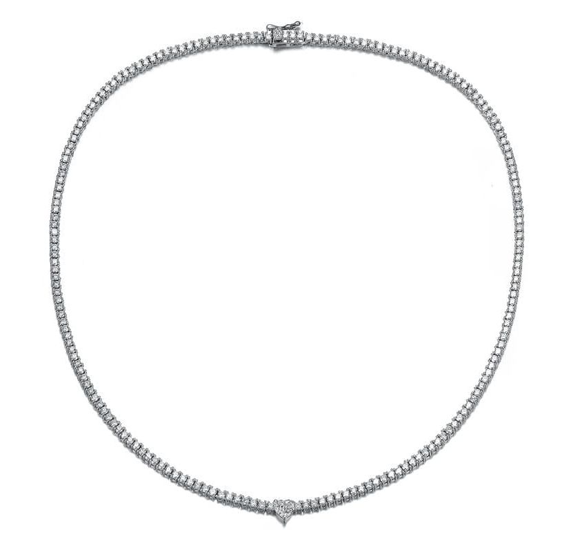 Lab Created White Gold Plated with Clear Cubic Zirconia Tennis Necklace with Heart Centerpiece