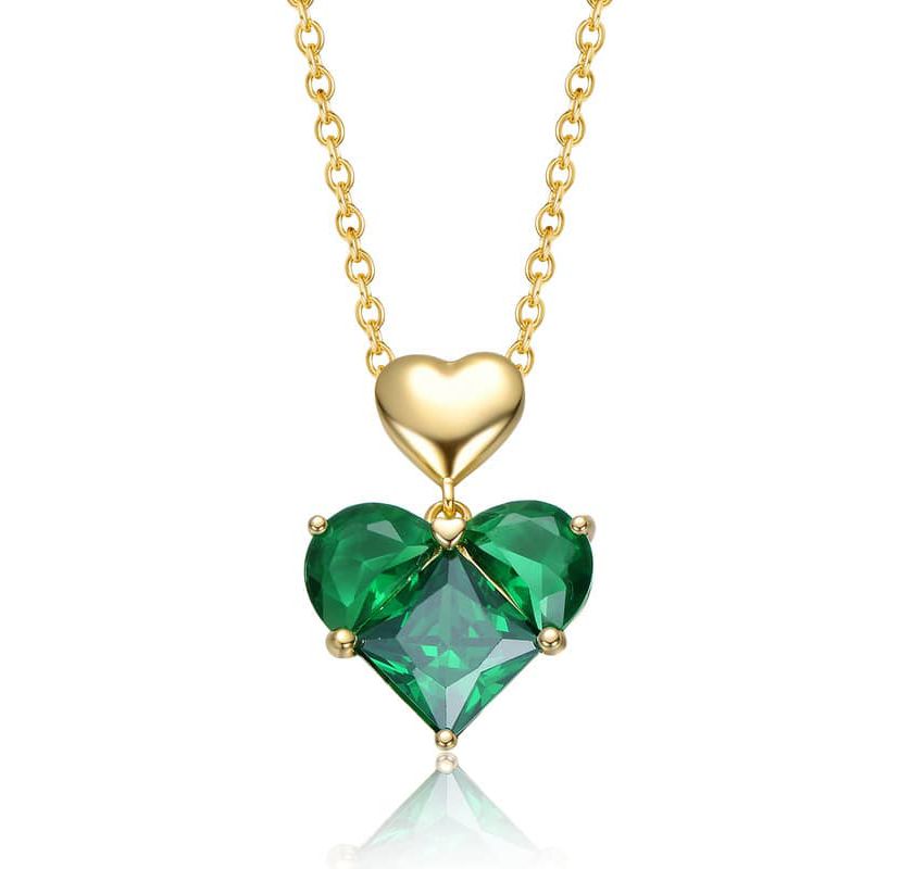 Lab Created Sterling Silver 14K Gold Plated with Green Cubic Zirconia Double Heart Pendant Necklace