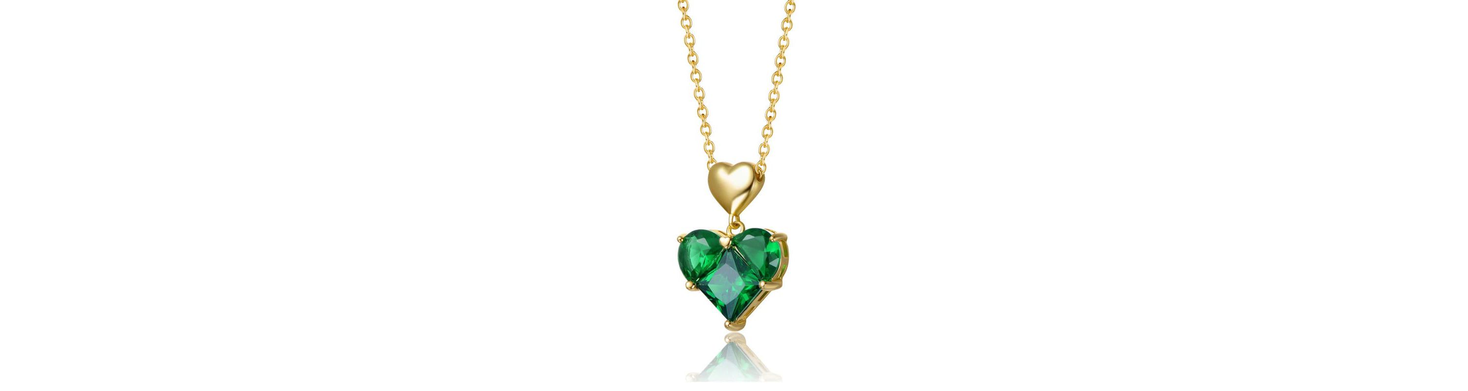 Lab Created Sterling Silver 14K Gold Plated with Green Cubic Zirconia Double Heart Pendant Necklace
