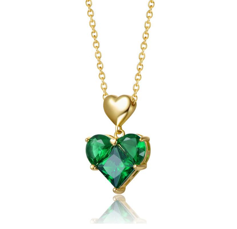 Lab Created Sterling Silver 14K Gold Plated with Green Cubic Zirconia Double Heart Pendant Necklace