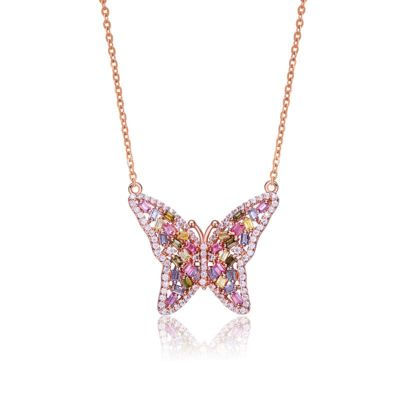 Rozzato Lab Created Sterling Silver 18K Rose Plated with Multi-Color Cubic Zirconia Butterfly Necklace
