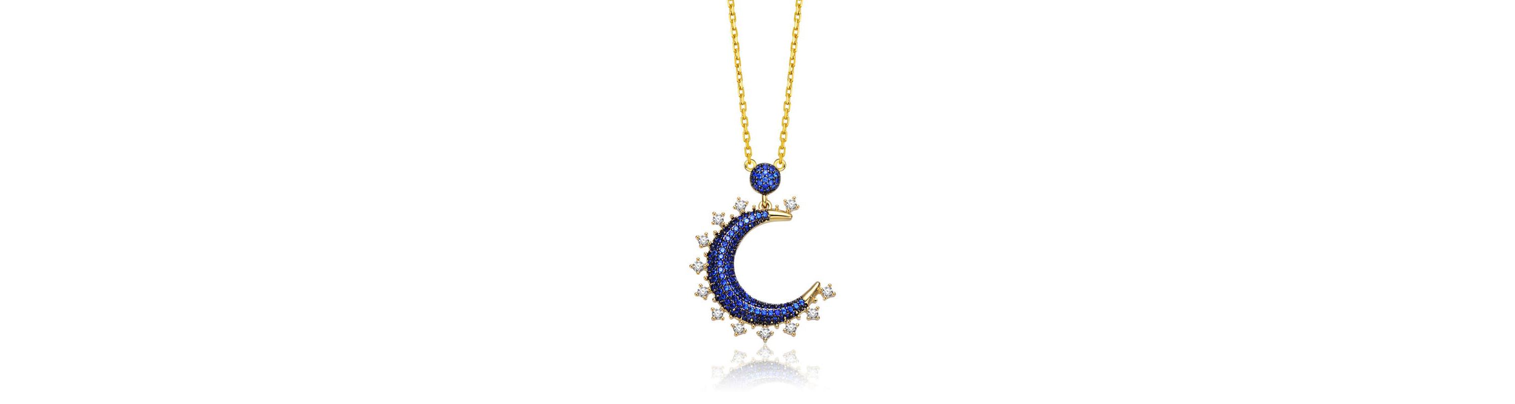 Lab Created Sterling Silver with 14K Gold Plated and Black Plated with Sapphire Blue Cubic Zirconia Moon Charm Necklace
