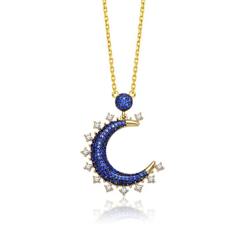 Lab Created Sterling Silver with 14K Gold Plated and Black Plated with Sapphire Blue Cubic Zirconia Moon Charm Necklace