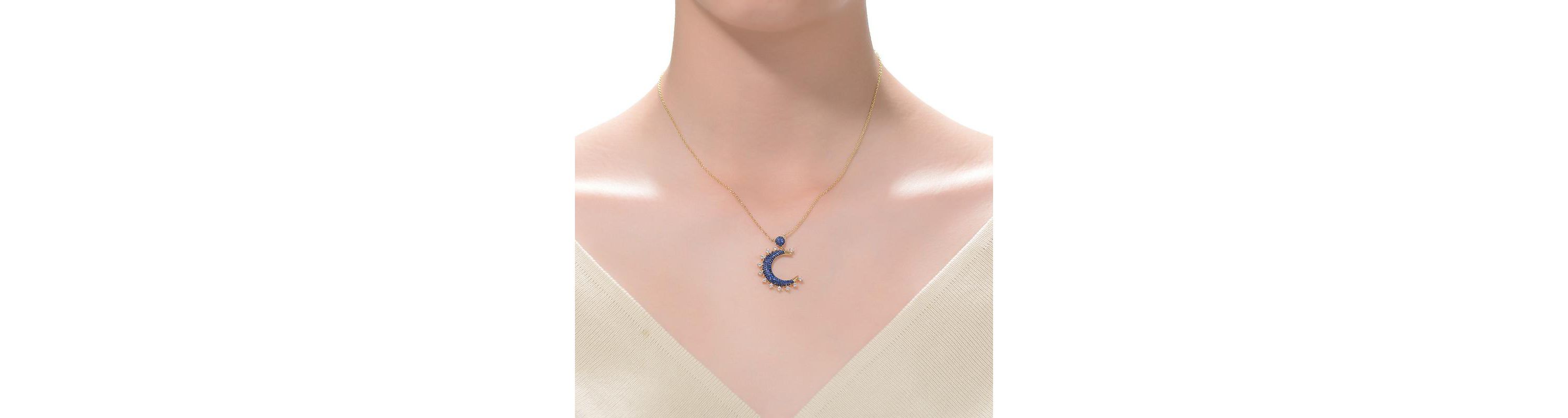 Lab Created Sterling Silver with 14K Gold Plated and Black Plated with Sapphire Blue Cubic Zirconia Moon Charm Necklace