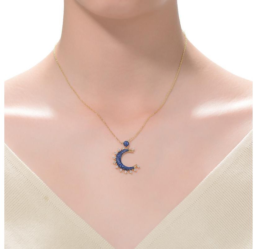 Lab Created Sterling Silver with 14K Gold Plated and Black Plated with Sapphire Blue Cubic Zirconia Moon Charm Necklace
