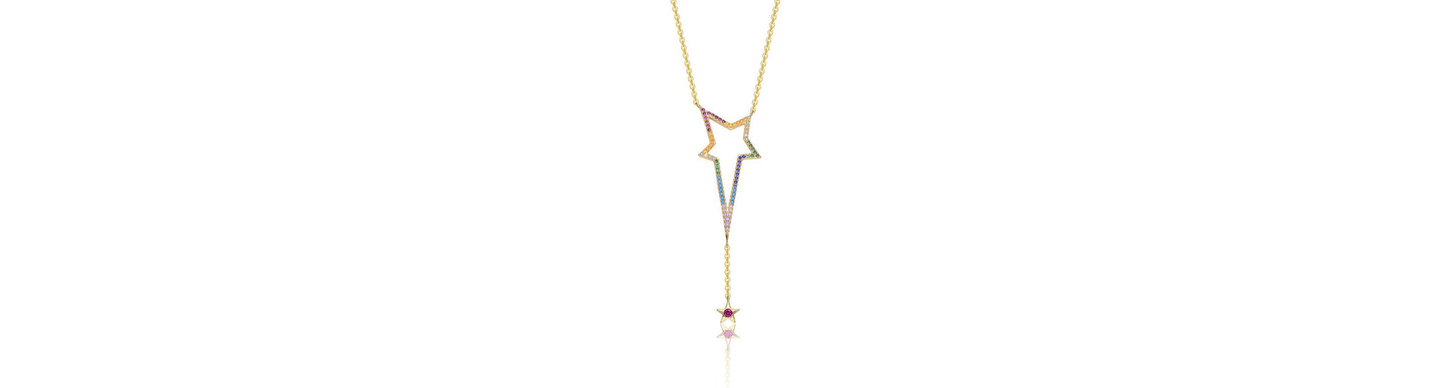 Lab Created Sterling Silver 14K Gold Plated with Multi-Color Cubic Zirconia Spring Ring Star Necklace