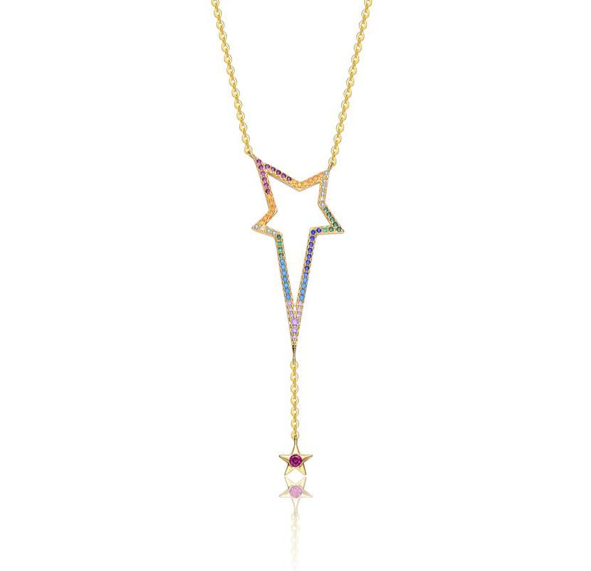 Lab Created Sterling Silver 14K Gold Plated with Multi-Color Cubic Zirconia Spring Ring Star Necklace
