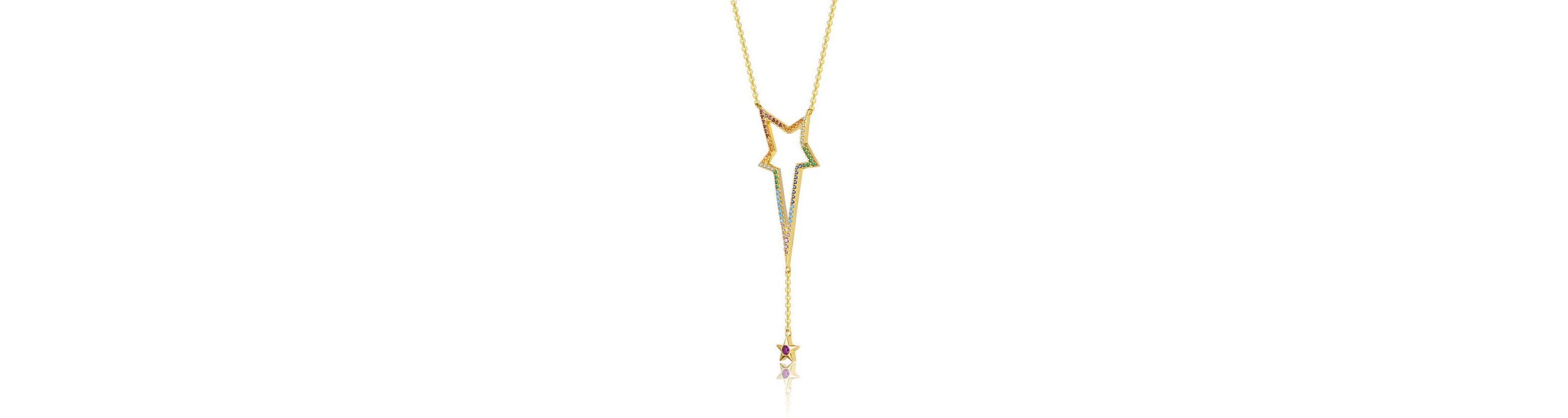 Lab Created Sterling Silver 14K Gold Plated with Multi-Color Cubic Zirconia Spring Ring Star Necklace