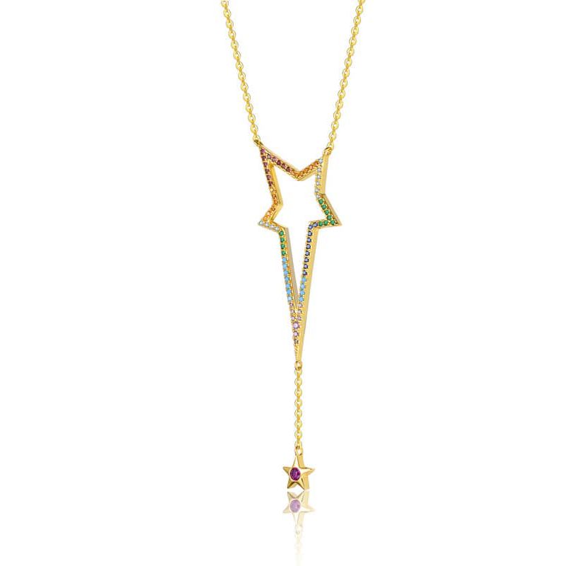 Lab Created Sterling Silver 14K Gold Plated with Multi-Color Cubic Zirconia Spring Ring Star Necklace