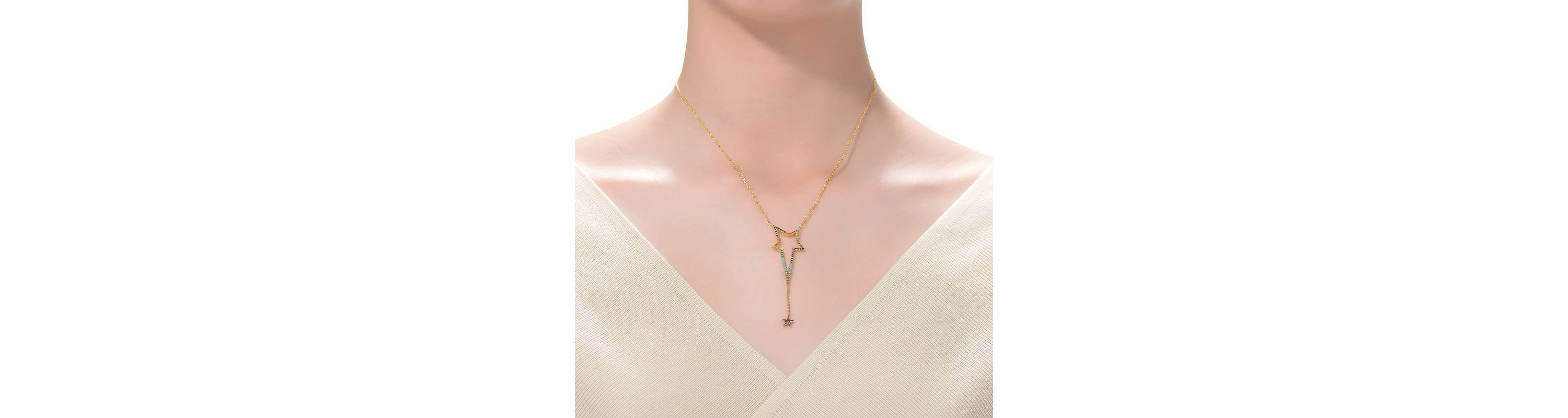 Lab Created Sterling Silver 14K Gold Plated with Multi-Color Cubic Zirconia Spring Ring Star Necklace