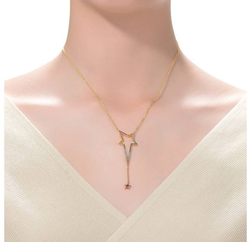Lab Created Sterling Silver 14K Gold Plated with Multi-Color Cubic Zirconia Spring Ring Star Necklace