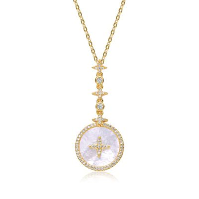 Rozzato Lab Created Sterling Silver 14K Gold Plated with White Mother-of-Pearl Round Spring Ring Pendant Necklace