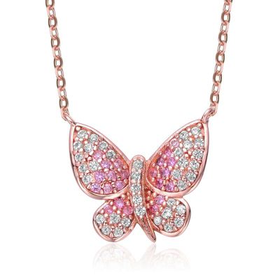 Rozzato Lab Created Sterling Silver 18K Rose Gold Plated with Ruby Red Cubic Zirconia Butterfly Spring Ring Adjustable Necklace for Teens, Pink