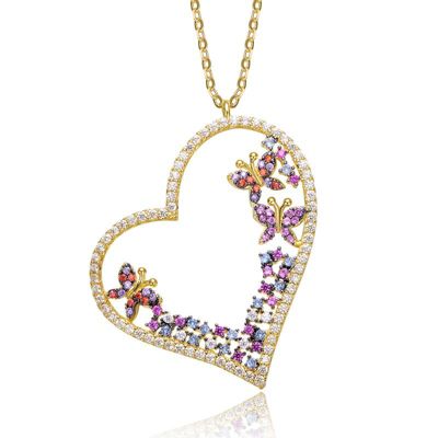 Rozzato Lab Created Sterling Silver 14K Gold Plated Multi Colored Cubic Zirconia Heart Necklace for Teens