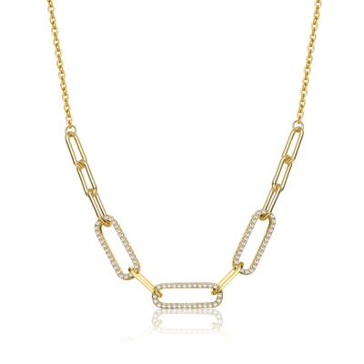 Rozzato Lab Created Sterling Silver 14K Gold Plated with Clear Cubic Zirconia Elongated Cable Link Chain Necklace