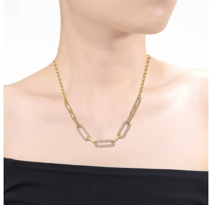 Lab Created Sterling Silver 14K Gold Plated with Clear Cubic Zirconia Elongated Cable Link Chain Necklace