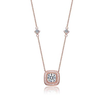 Rozzato Lab Created Sterling Silver 18K Rose Gold Plated with Clear Cubic Zirconia Square Stud Necklace, Pink