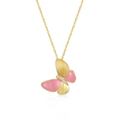 Rozzato Lab Created Sterling Silver 14K Gold Plated with Pink Enamel & Clear Cubic Zirconia Butterfly Pendant Necklace for Kids