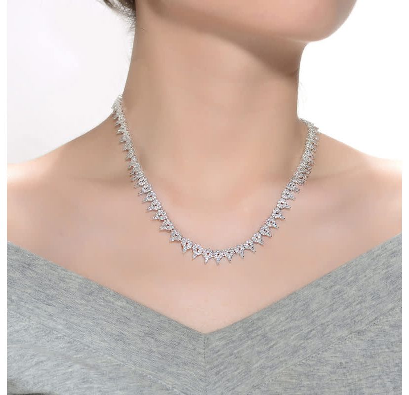 Lab Created Sterling Silver White Gold Plated with Clear Marquise and Round Cubic Zirconia Cluster Tennis Necklace