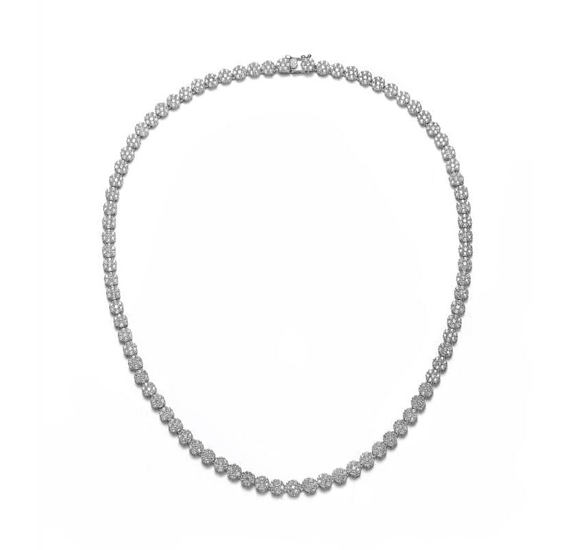 Lab Created Sterling Silver White Gold Plated with Clear Round Cubic Zirconia Flower Design Tennis Necklace