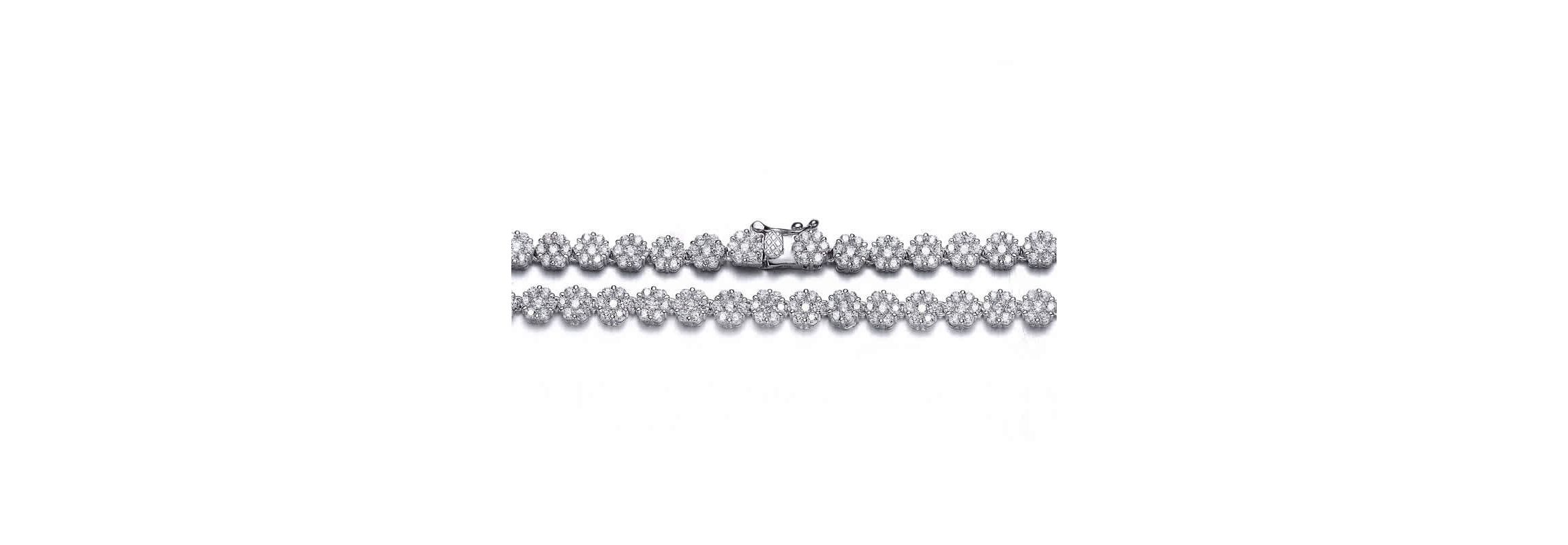 Lab Created Sterling Silver White Gold Plated with Clear Round Cubic Zirconia Flower Design Tennis Necklace