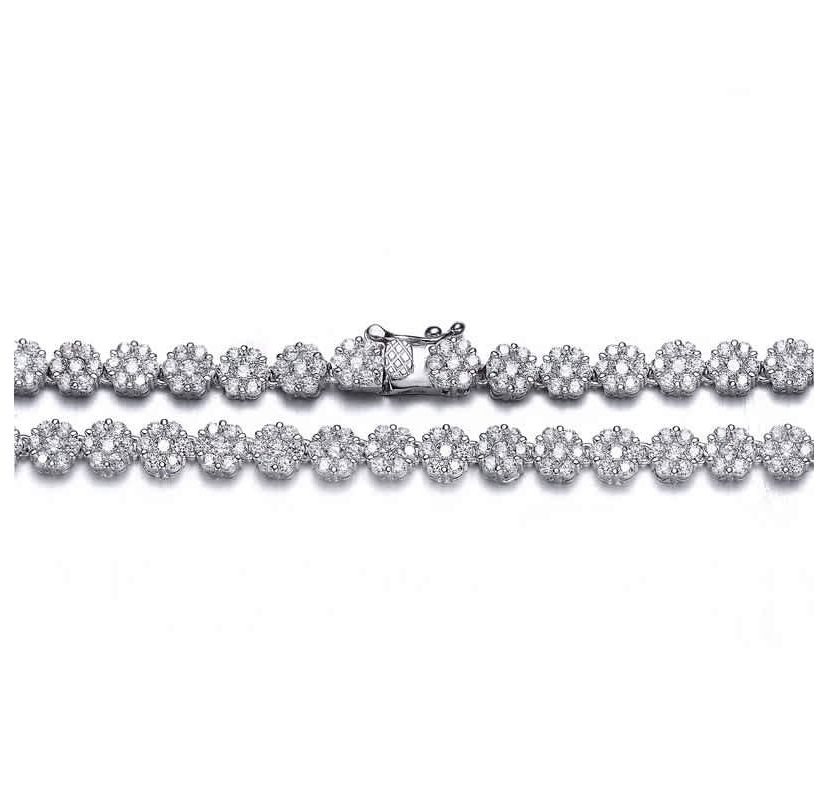 Lab Created Sterling Silver White Gold Plated with Clear Round Cubic Zirconia Flower Design Tennis Necklace