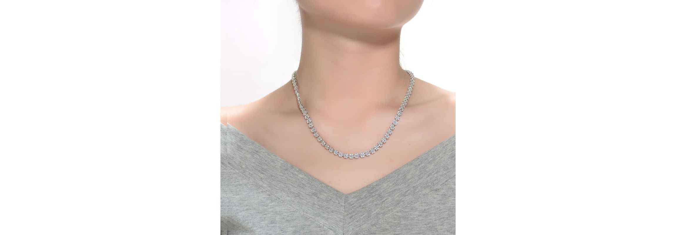Lab Created Sterling Silver White Gold Plated with Clear Round Cubic Zirconia Flower Design Tennis Necklace