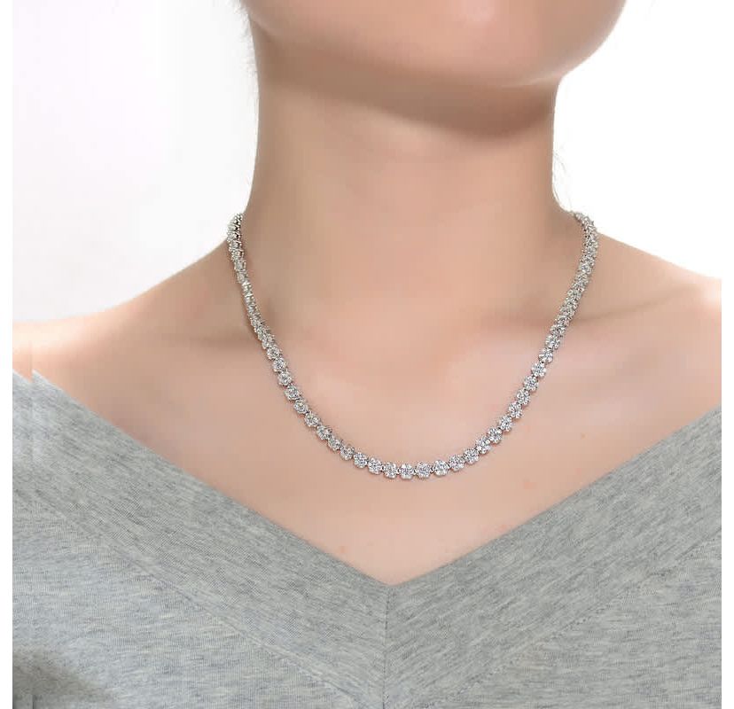 Lab Created Sterling Silver White Gold Plated with Clear Round Cubic Zirconia Flower Design Tennis Necklace