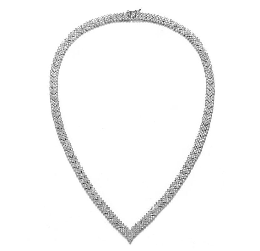 Lab Created Sterling Silver White Gold Plated with Clear Round Cubic Zirconia Cluster Arrow Head Style Necklace