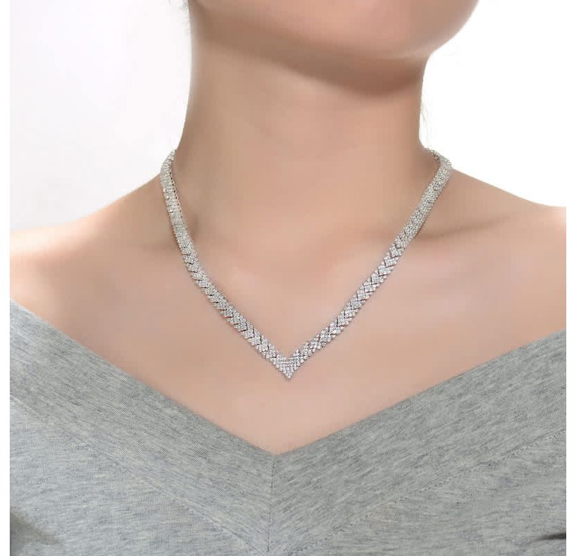 Lab Created Sterling Silver White Gold Plated with Clear Round Cubic Zirconia Cluster Arrow Head Style Necklace