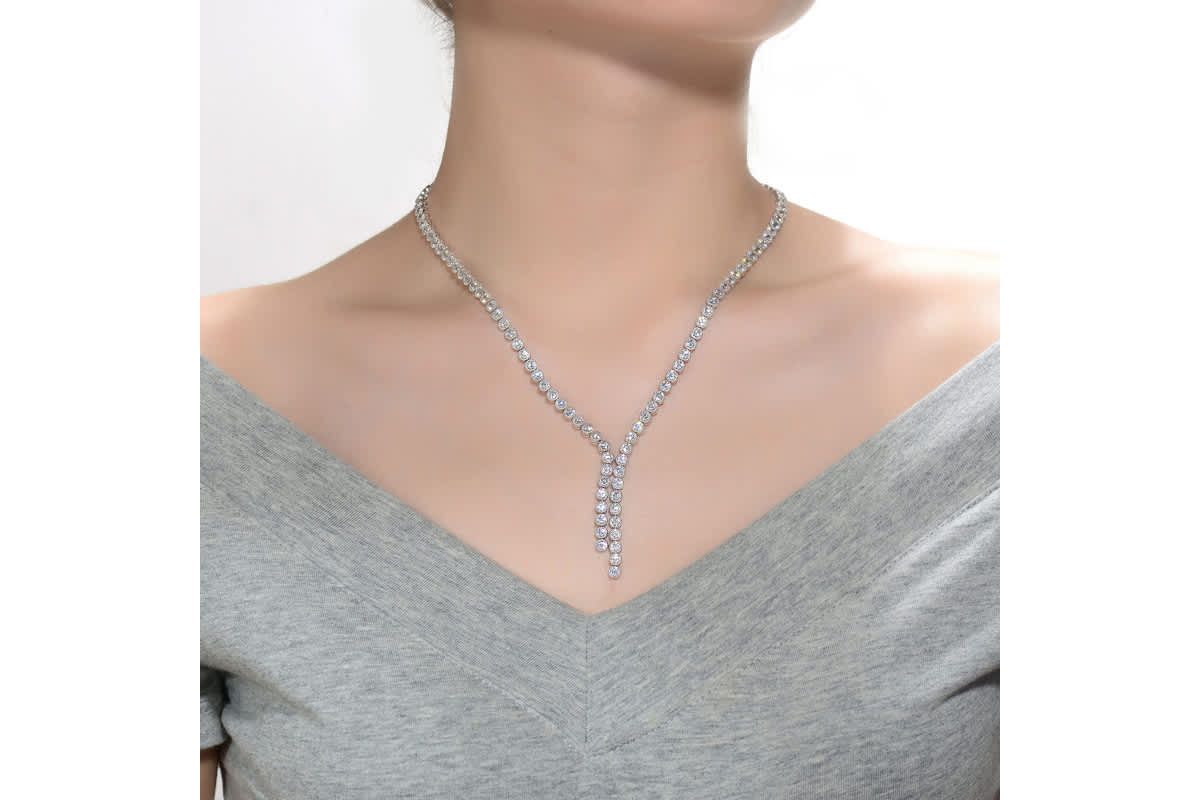 Lab Created Sterling Silver White Gold Plated with Clear Round Cubic Zirconia Bezel Set Necklace