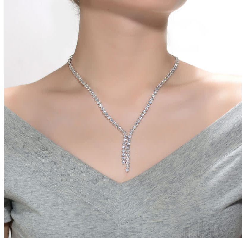 Lab Created Sterling Silver White Gold Plated with Clear Round Cubic Zirconia Bezel Set Necklace