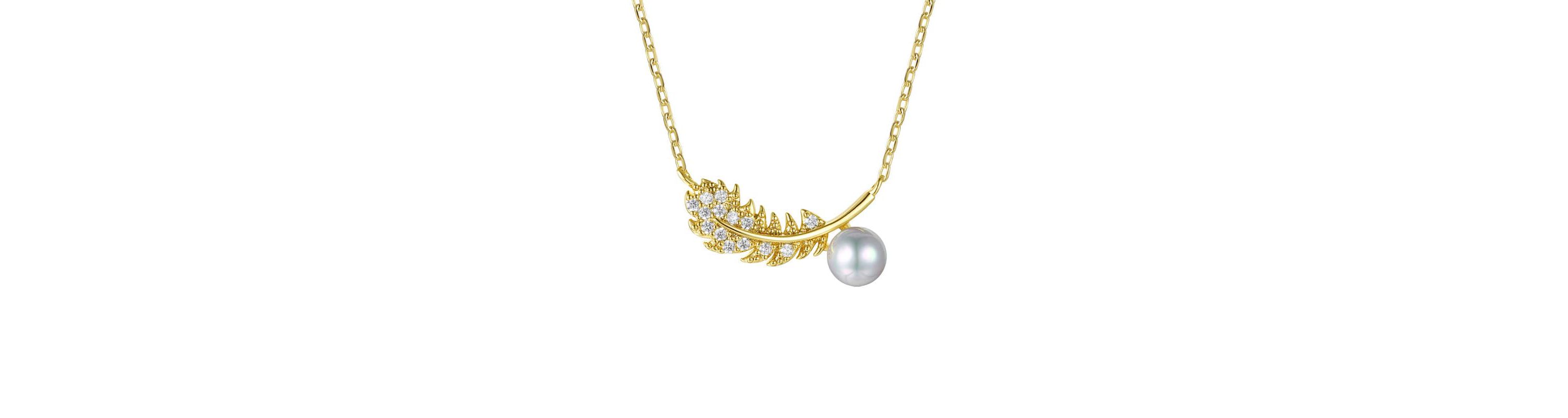 Lab Created 14K Gold Plated Sterling Silver with Clear Cubic Zirconia & Faux Pearl Fern Leaf Pendant Necklace