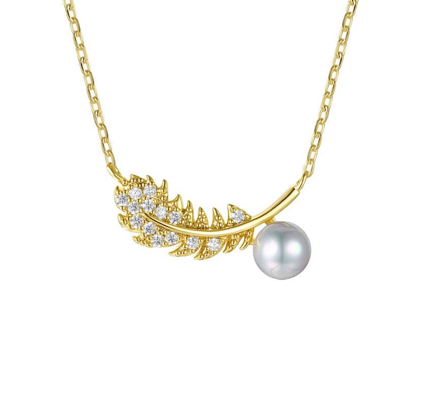 Lab Created 14K Gold Plated Sterling Silver with Clear Cubic Zirconia & Faux Pearl Fern Leaf Pendant Necklace