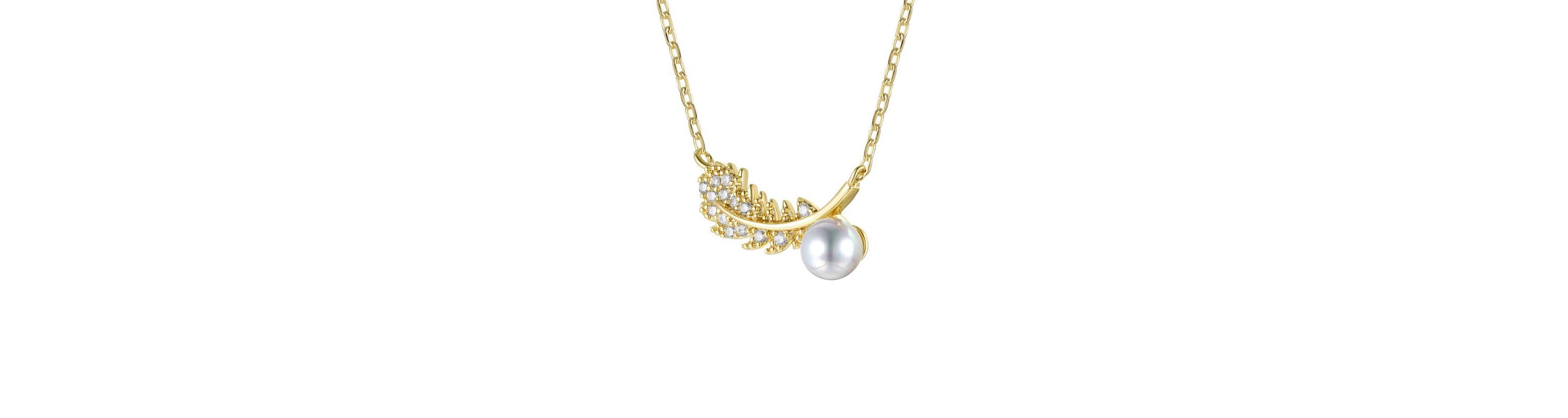 Lab Created 14K Gold Plated Sterling Silver with Clear Cubic Zirconia & Faux Pearl Fern Leaf Pendant Necklace