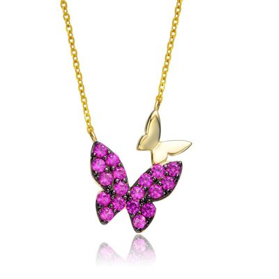 Rozzato Lab Created Sterling Silver 14K Gold Plated with Ruby Red Cubic Zirconia Double Butterfly Layering Necklace
