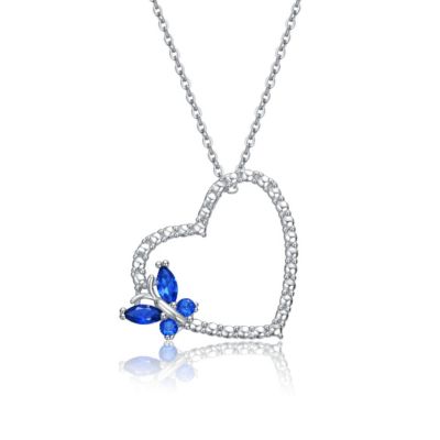 Lab Created Rozzato Sterling Silver White Gold Plating with Butterfly Blue Topaz Cubic Zirconia Heart Shaped Pendant Necklace for Teens