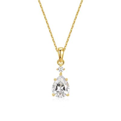 Lab Created Rozzato Sterling Silver 14K Gold Plated with Cubic Zirconia Raindrop Pear 2-Stone Pendant Necklace