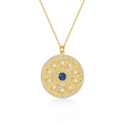Lab Created Rozzato Sterling Silver 14K Gold Plated with Sapphire Blue Cubic Zirconia Mandala Medallion Pendant Necklace