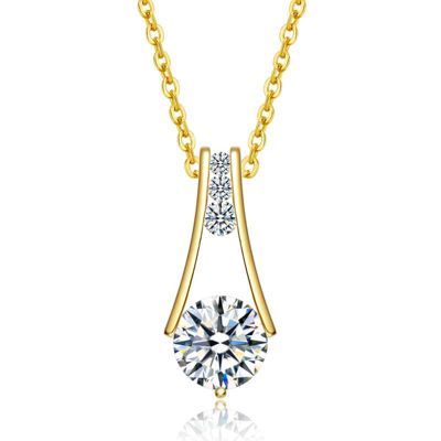 Lab Created Rozzato Sterling Silver 14K Gold Plated with Clear Cubic Zirconia Round Spring Ring Pendant Necklace