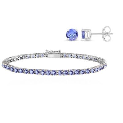 Donatello Gian Tanzanite Jewelry Bundle: Solid 925 Sterling Silver Round Tanzanite Studs Earrings, 14K White Gold Plated Round Tanzanite Tennis