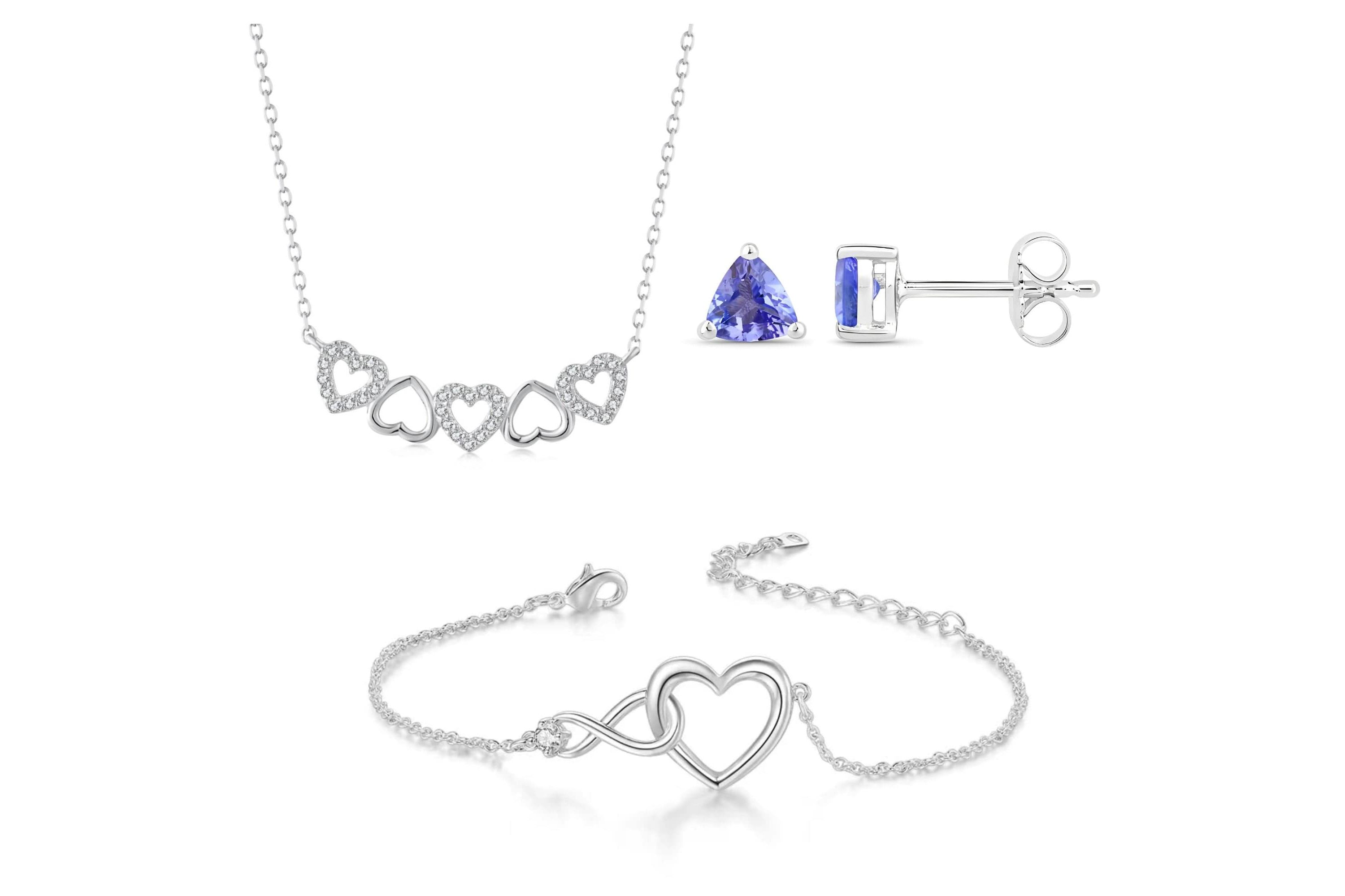 Sterling Silver Heart And Tanzanite Jewelry Bundle: Sterling Silver Heart Necklace, Tanzanite Gemstone Studs, Infinity Heart Bracelet