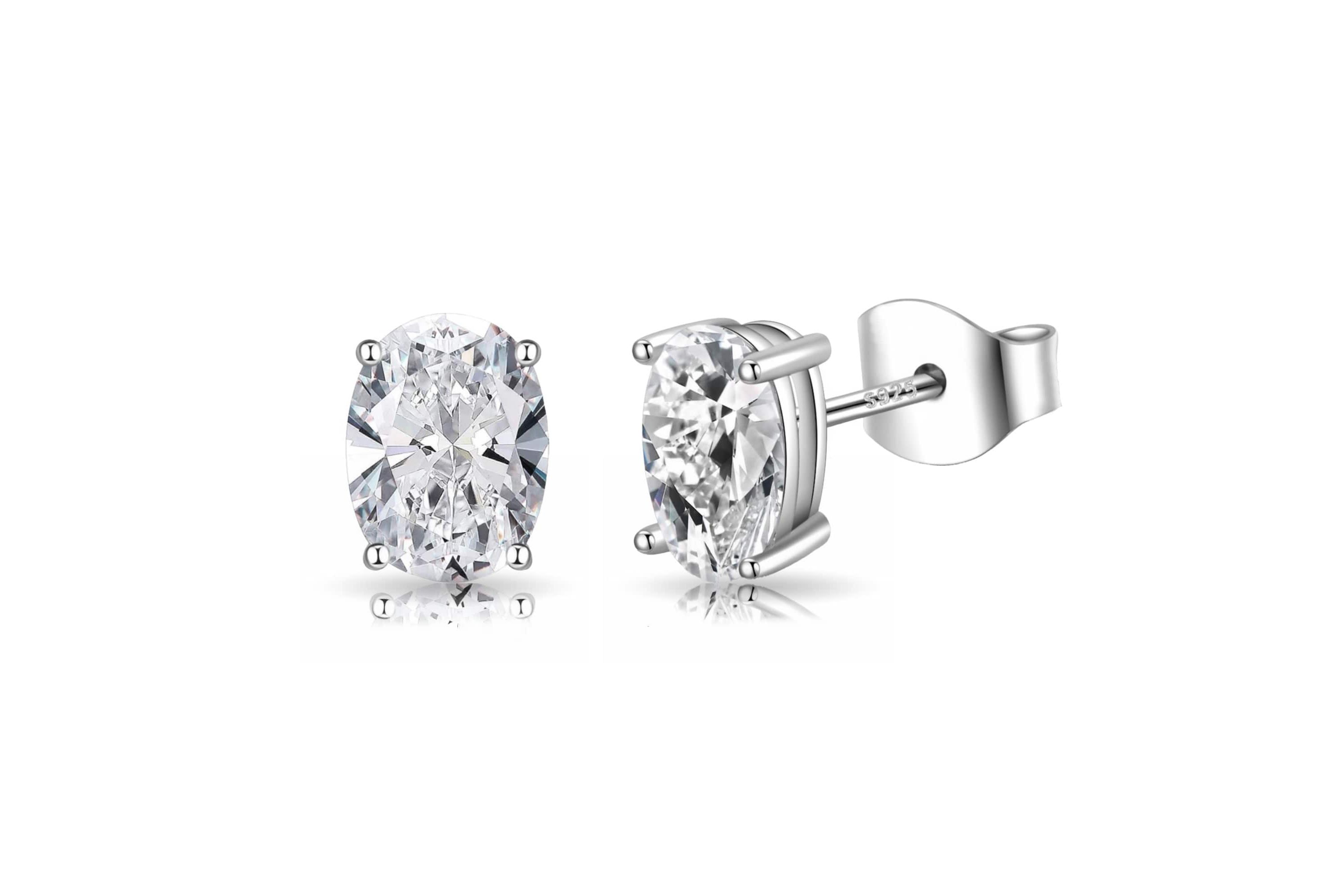 Sterling Silver Oval Cut  Stud Earrings white