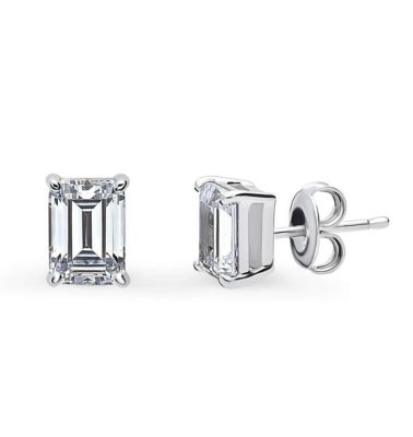 Donatello Gian Solid Sterling Silver Created White Topaz Emerald Cut Crystal Stud Earrings