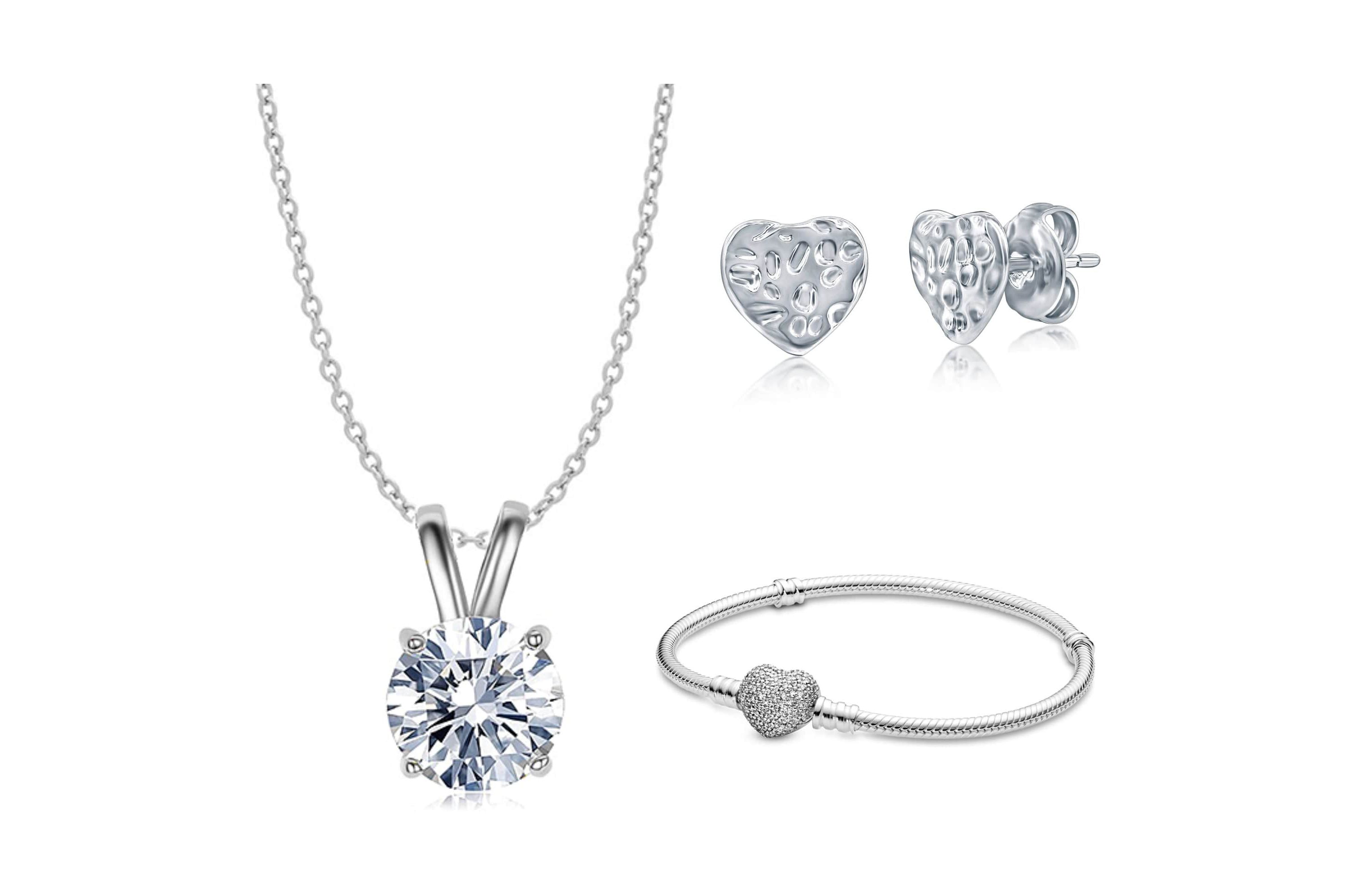 Jewelry Bundle: Crystal Pendant Necklace, Micro Pave Heart Charm Bracelet, Hammered Heart Stud Earrings